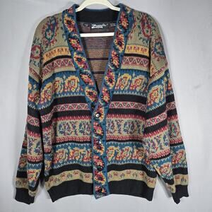Zeppelin Vintage 90s Cardigan Sweater L Eclectic Grandpa Geometric Jacquard Knit